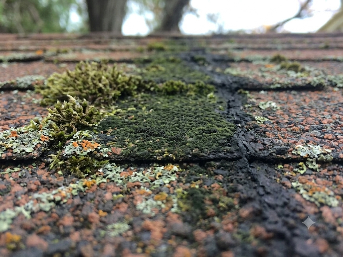 Asphalt shingle roof before and after biocidal treatment