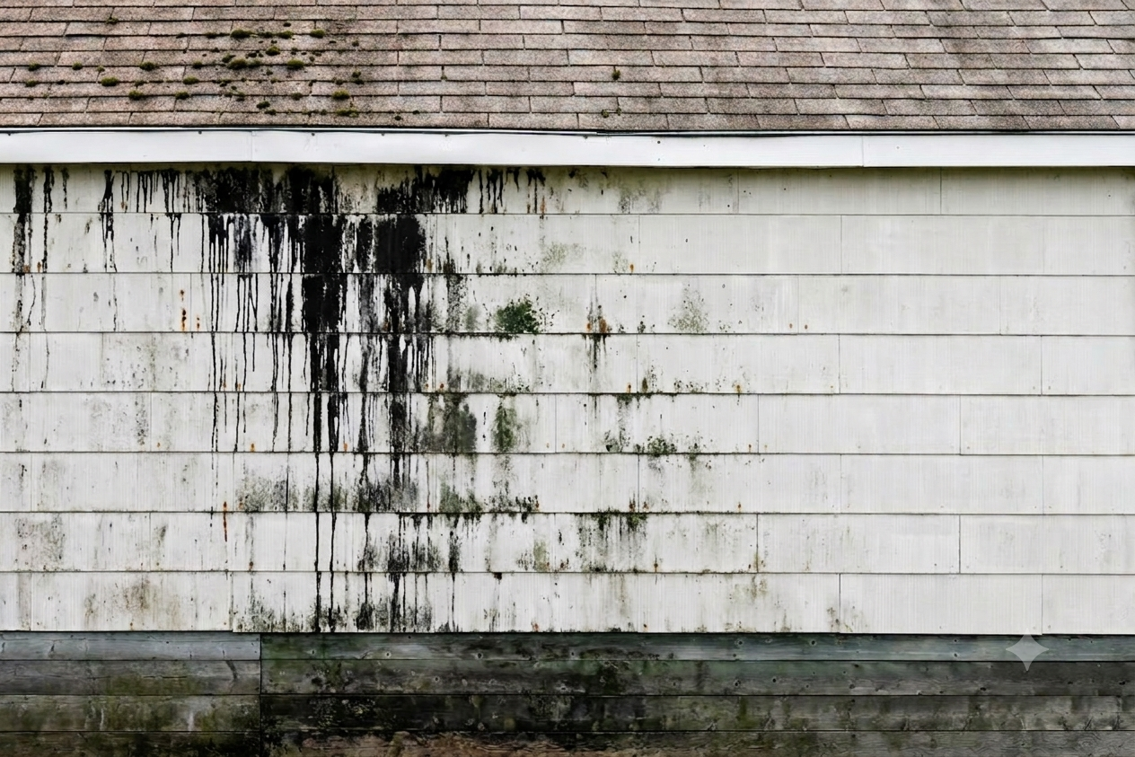 White siding and shingled roof before and after soft washing